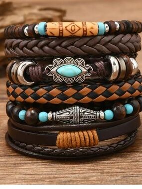 Rustic Boho Leather & Turquoise Bracelet Set